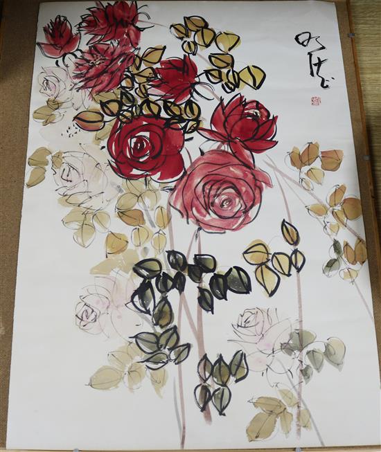 Chinese School, ink and watercolour, study of roses, 59 x 42cm